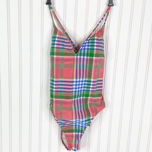 NWOT J. Crew Madras Plaid Rainbow Lace Up Back One Piece Swimsuit Size 10